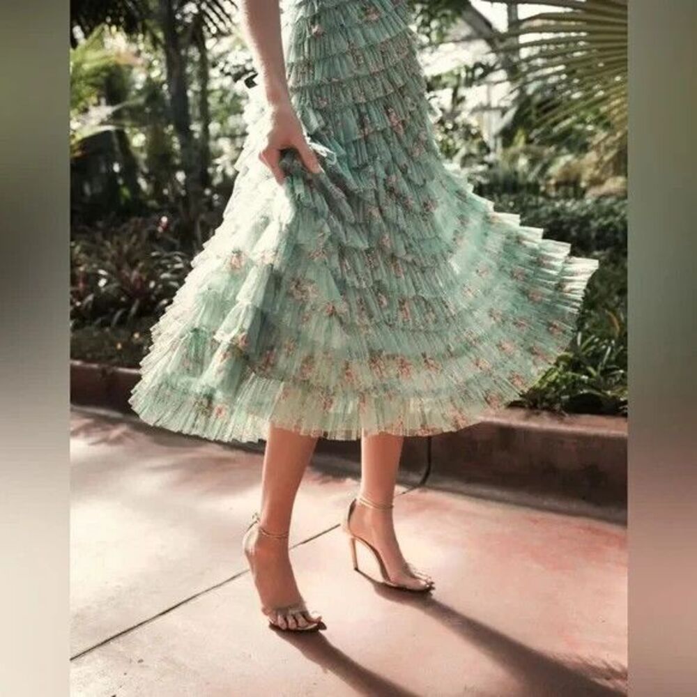 Mac Duggal 8014 Green Floral Mesh‎ Ruffle High Neck Midi Dress NWT $798 - Picture 5 of 9